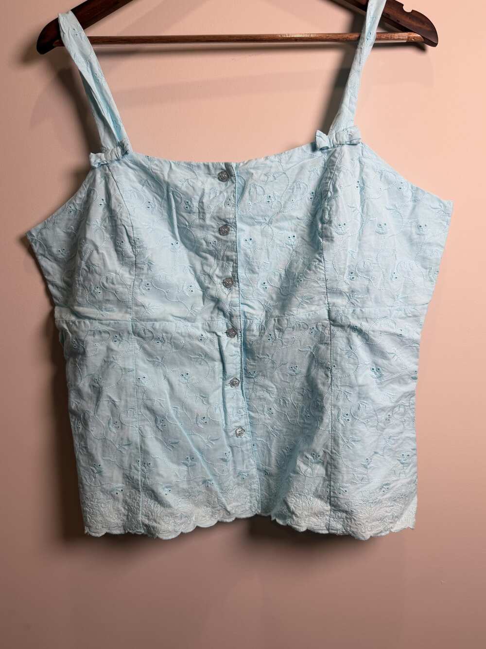Dressbarn Light Blue Embroidered Button-Front Romper, Size XL